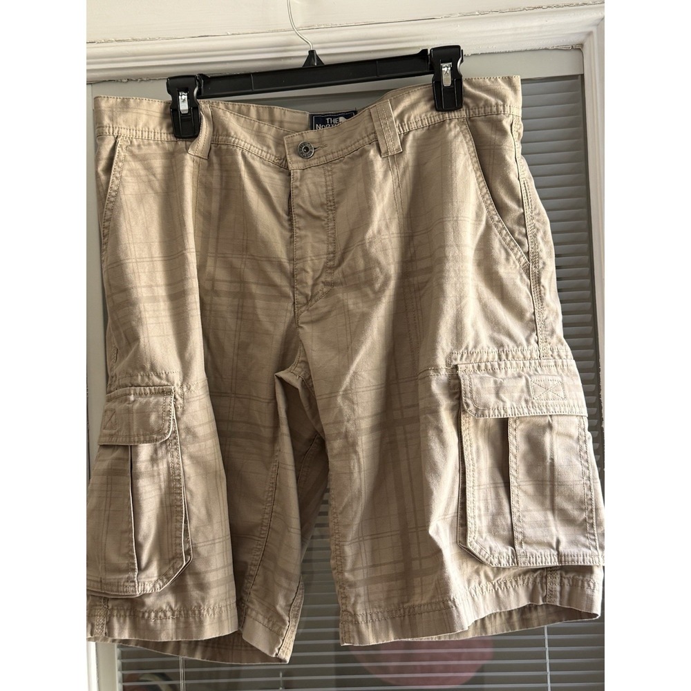 North Face Cargo Shorts Men's 36 R Tan Plaid Ripstop Trail Hiking